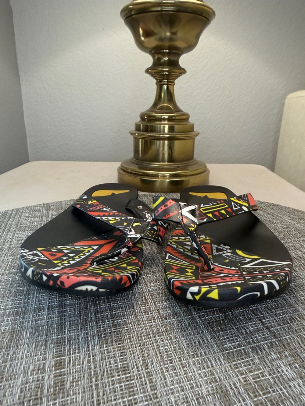 Fendi Black Tribal-Print Thong Sandals with Red, Yellow & White Accents - Picture 2 of 6